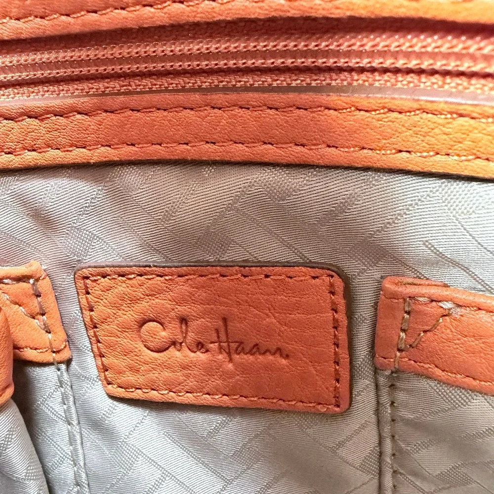 Cole Haan Genevieve Hobo Bag Canvas‎ Leather Orange Tan Large Braided Silver HW